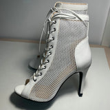 Women's Mesh Peep Toe Stiletto Booties - Beige - 10cm Mesh Booties - 43 B - PU Leather - image 34