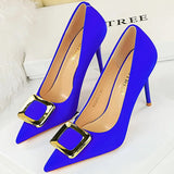 Women's Square Buckle Pointed Toe Pumps - Black - Formal Shoes - 40 B - PU Leather - image 43