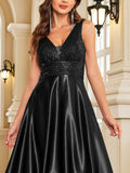 Women's Elegant Satin Sequin Dresses - Navy Blue - Evening Dress - XXL - Polyester Sequin - image 46