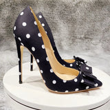 Women's Silk Polka Dot Bow Knot Heels - Black - 1 / 12cm Heel - 46 B - Silk/Leather - image 10