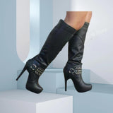 Women's Knee High Chain Stiletto Boots - Black - With Chain - 46 B - PU Leather - image 12