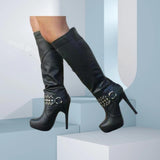 Women's Knee High Chain Stiletto Boots - Black - With Chain - 46 B - PU Leather - image 10