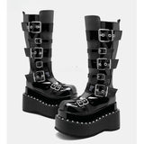 Women's Gothic Buckle Strap Leather Boots - Black -  1 / Boots - 40 B - PU Patent Leather - image 6