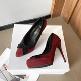 Women's Suede Bow Tie Platorm Heels - Black - 12cm Heel - 42 B - PU Suede Leather - image 35