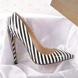 Women's Luxury Striped High Heel Stilettos - Black/White - 12cm Heel - 46 B - PU Leather - image 8