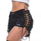 Women's Goth Punk Lace Up Denim Shorts - Black - Shorts - XXXL - Polyester Denim - image 14