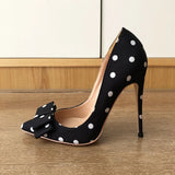 Women's Silk Polka Dot Bow Knot Heels - Black - 1 / 12cm Heel - 46 B - Silk/Leather - image 15