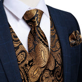 Men's 4 Pcs Gold Black Floral Vest Tie Set - Gold/Black - 4Pcs Set -M-0152 - XXXL - Silk - image 3