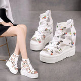 Women's Strappy Platform Wedge Shoes - Black - Flower Sandals - 43 B - PU Leather - image 23