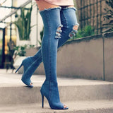 Women's Denim Over Knee Stiletto Boots - Light Blue - Stiletto Boots - 41 B - PU/Canvas - image 14