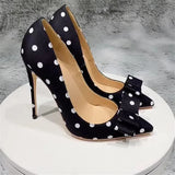 Women's Silk Polka Dot Bow Knot Heels - Black - 1 / 12cm Heel - 46 B - Silk/Leather - image 6