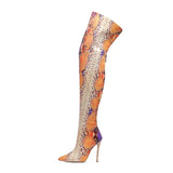 Women's Multicolor Snake Print Long Boots - Apricot - Snake Print - 45 B - Plush Stretch Material - image 9