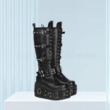 Women's Gothic Buckle Rivet Wedge Boots - Black - Boots - 46 B - PU Leather - image 9
