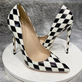 Women's Black and White Checkered Stilettos - Black - 1 / 12cm Heel - 46 B - PU Leather - image 2