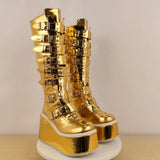 Women's Gold Buckle Strap Platform Boots - Gold - Buckle Boots - 46 B - PU Leather - image 10