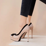 Women's Suede Bow Tie High Heel Stiletto - Beige/Black - 12cm Heel - 41 B - PU Suede Leather - image 11