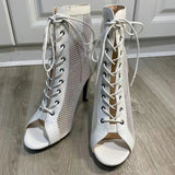 Women's Mesh Peep Toe Stiletto Booties - Beige - 10cm Mesh Booties - 43 B - PU Leather - image 35