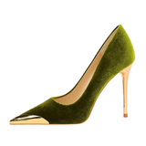 Women's Velvet Stilettos Metal Toe Heel - Wine Red - Party Pumps - 40 B - PU Leather - image 31