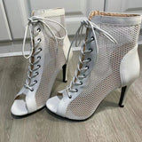 Women's Mesh Peep Toe Stiletto Booties - Beige - 10cm Mesh Booties - 43 B - PU Leather - image 38