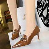 Women's Low Pointed Toe Buckle Pumps - Brown - Pumps - 40 B - PU Leather - image 4