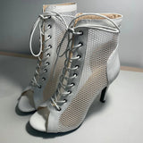 Women's Mesh Peep Toe Stiletto Booties - Beige - 10cm Mesh Booties - 43 B - PU Leather - image 40