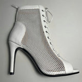 Women's Mesh Peep Toe Stiletto Booties - Beige - 10cm Mesh Booties - 43 B - PU Leather - image 39