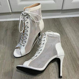 Women's Mesh Peep Toe Stiletto Booties - Beige - 10cm Mesh Booties - 43 B - PU Leather - image 42
