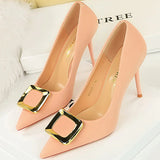 Women's Square Buckle Pointed Toe Pumps - Black - Formal Shoes - 40 B - PU Leather - image 13