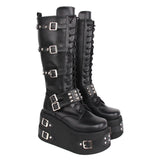 Women's Gothic Buckle Rivet Wedge Boots - Black - Boots - 46 B - PU Leather - image 6