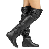 Women's Over Knee Ruched Flat Boots - Black - Over Knee Boots - 45 B - PU Suede Leather - image 12