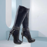 Women's Knee High Chain Stiletto Boots - Black - With Chain - 46 B - PU Leather - image 4