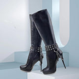 Women's Knee High Chain Stiletto Boots - Black - With Chain - 46 B - PU Leather - image 6
