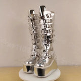 Women's Silver Buckle Strap Platform Boots - Silver - Buckle Boots - 46 B - PU Leather - image 6