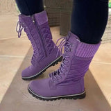 Women's Plush Mid-Calf Lace Up Flat Boots - Purple - Mid Calf Boots - 43 B - Plush - image 12