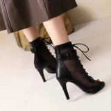Women's Mesh Lace Up Buckle Ankle Boots - Red - Mesh Booties - 43 B - PU Leather - image 20