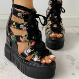 Women's Strappy Platform Wedge Shoes - Black - Flower Sandals - 43 B - PU Leather - image 4