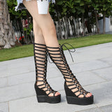 Women's Roman Gladiator Wedge Sandals - Black - Platform Sandals - 40 B - PU Leather - image 6