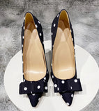 Women's Silk Polka Dot Bow Knot Heels - Black - 1 / 12cm Heel - 46 B - Silk/Leather - image 8