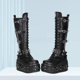 Women's Gothic Buckle Rivet Wedge Boots - Black - Boots - 46 B - PU Leather - image 8