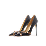 Women's Luxury Leather Rivet Stilettos - Black - 1 / Matte / 10cm - 41 B - Genuine Leather - image 16