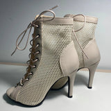 Women's Mesh Peep Toe Stiletto Booties - Beige - 10cm Mesh Booties - 43 B - PU Leather - image 7