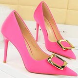 Women's Square Buckle Pointed Toe Pumps - Black - Formal Shoes - 40 B - PU Leather - image 30