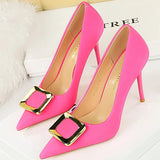 Women's Square Buckle Pointed Toe Pumps - Black - Formal Shoes - 40 B - PU Leather - image 31
