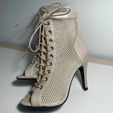Women's Mesh Peep Toe Stiletto Booties - Beige - 10cm Mesh Booties - 43 B - PU Leather - image 10