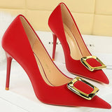 Women's Square Buckle Pointed Toe Pumps - Black - Formal Shoes - 40 B - PU Leather - image 48