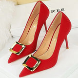 Women's Square Buckle Pointed Toe Pumps - Black - Formal Shoes - 40 B - PU Leather - image 49