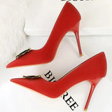 Women's Square Buckle Pointed Toe Pumps - Black - Formal Shoes - 40 B - PU Leather - image 47