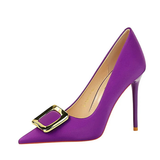 Women's Square Buckle Pointed Toe Pumps - Black - Formal Shoes - 40 B - PU Leather - image 26