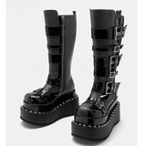 Women's Gothic Buckle Strap Leather Boots - Black -  1 / Boots - 40 B - PU Patent Leather - image 10