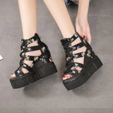 Women's Strappy Platform Wedge Shoes - Black - Flower Sandals - 43 B - PU Leather - image 11